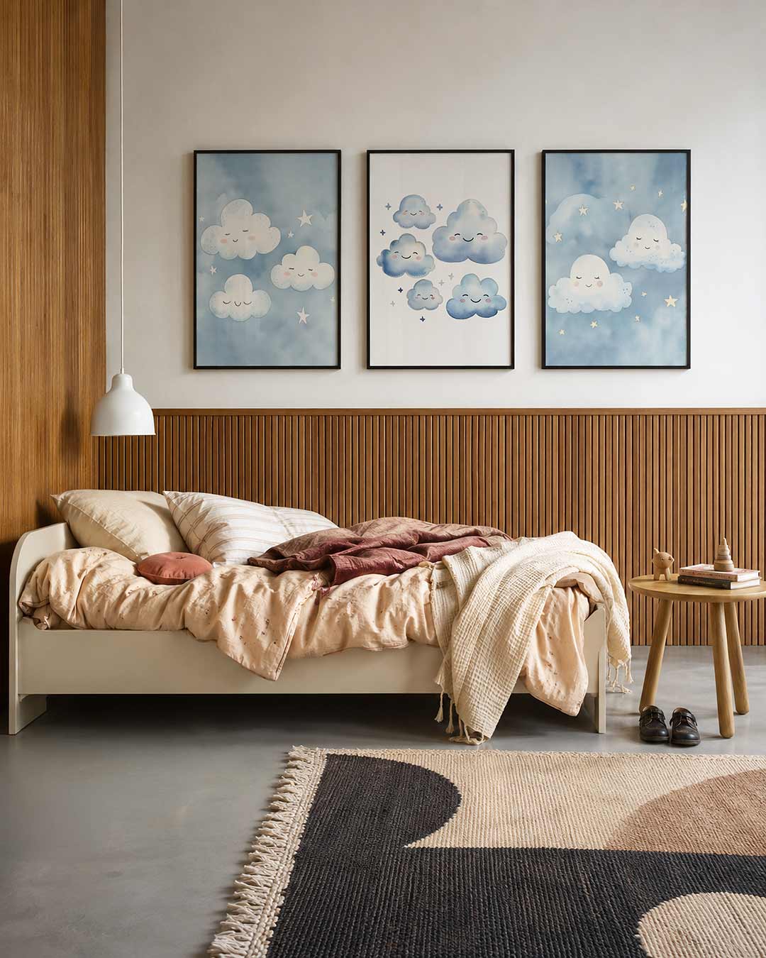 Dromerige wolkenhemel driedelige posterset – deze posterset toont schattige wolken met glimlachjes en