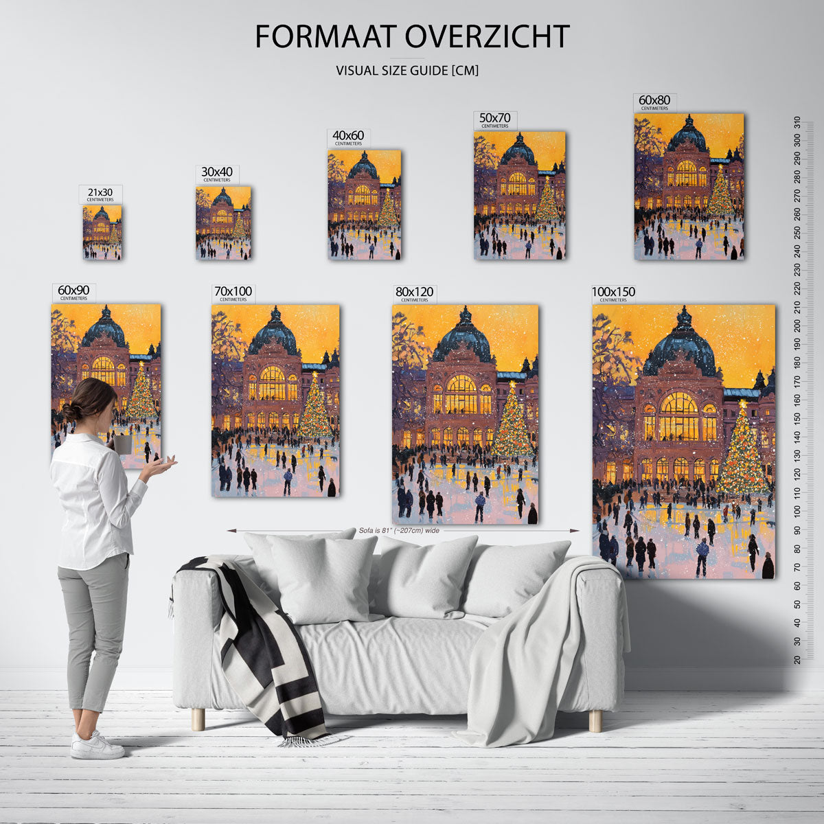 Winteravond bij verlichte hal – staande muurposter voor kerst