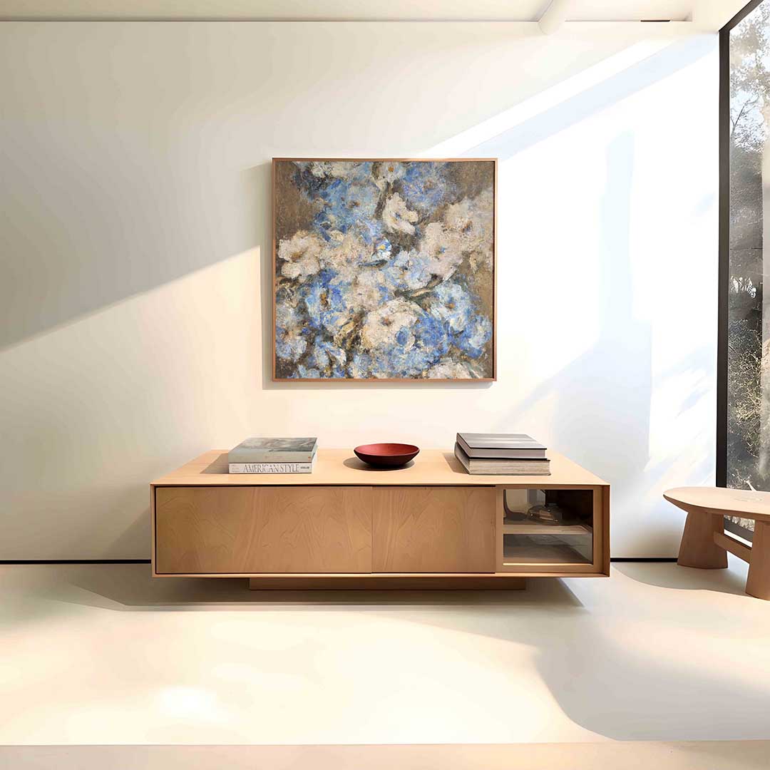Blauwe bloemen – vierkante zachte abstracte wanddecoratie van WallArtistic
