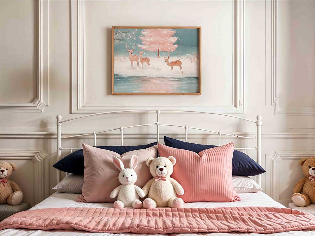 Herten bij roze boom – kids poster in liggend formaat