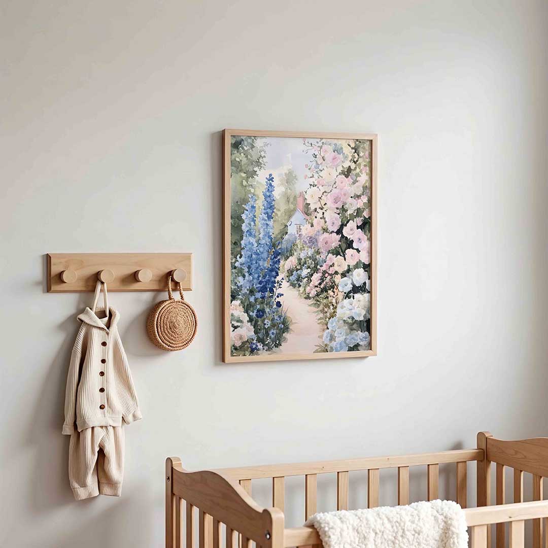Bloementuin met huisje – kinderposter in staand formaat