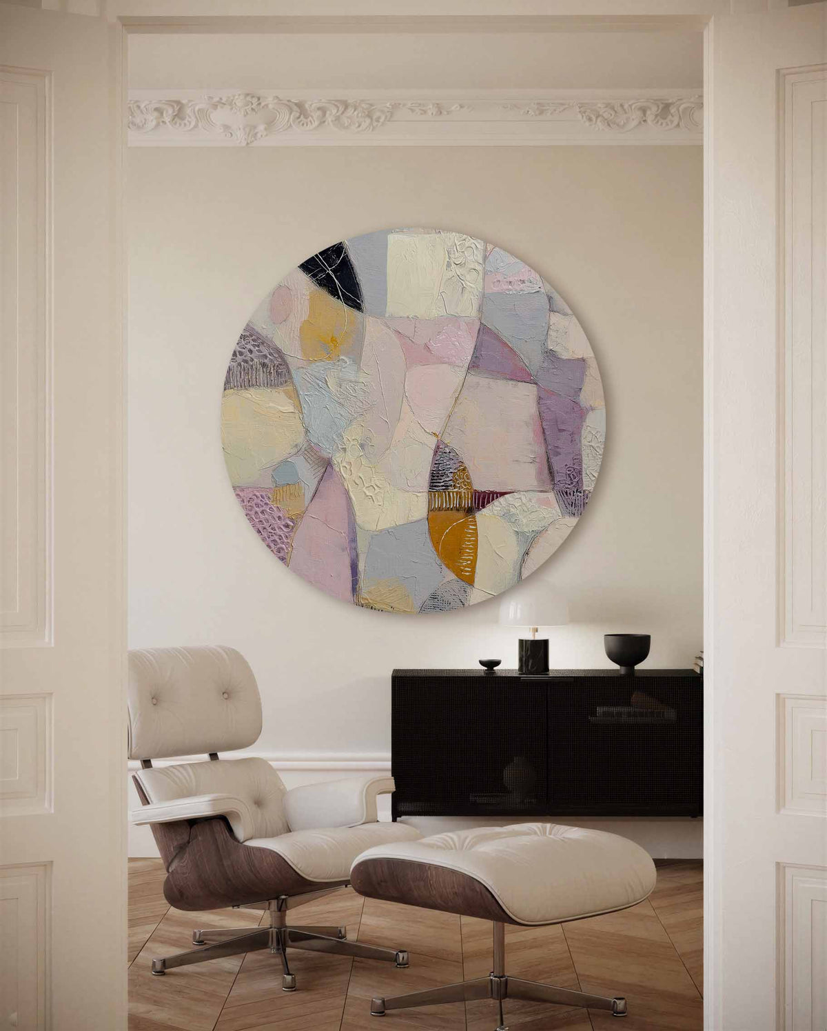 Abstracte vormen – portret muurcirkel als ronde muurdecoratie