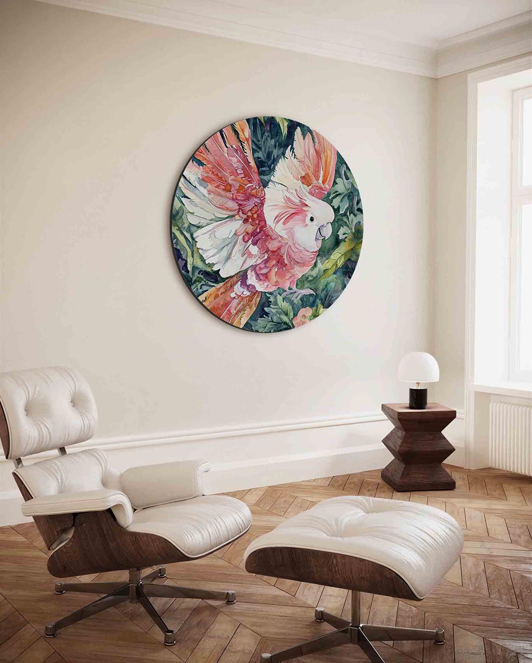 Papegaai en bladeren – kleurrijke ronde wanddecoratie van WallArtistic
