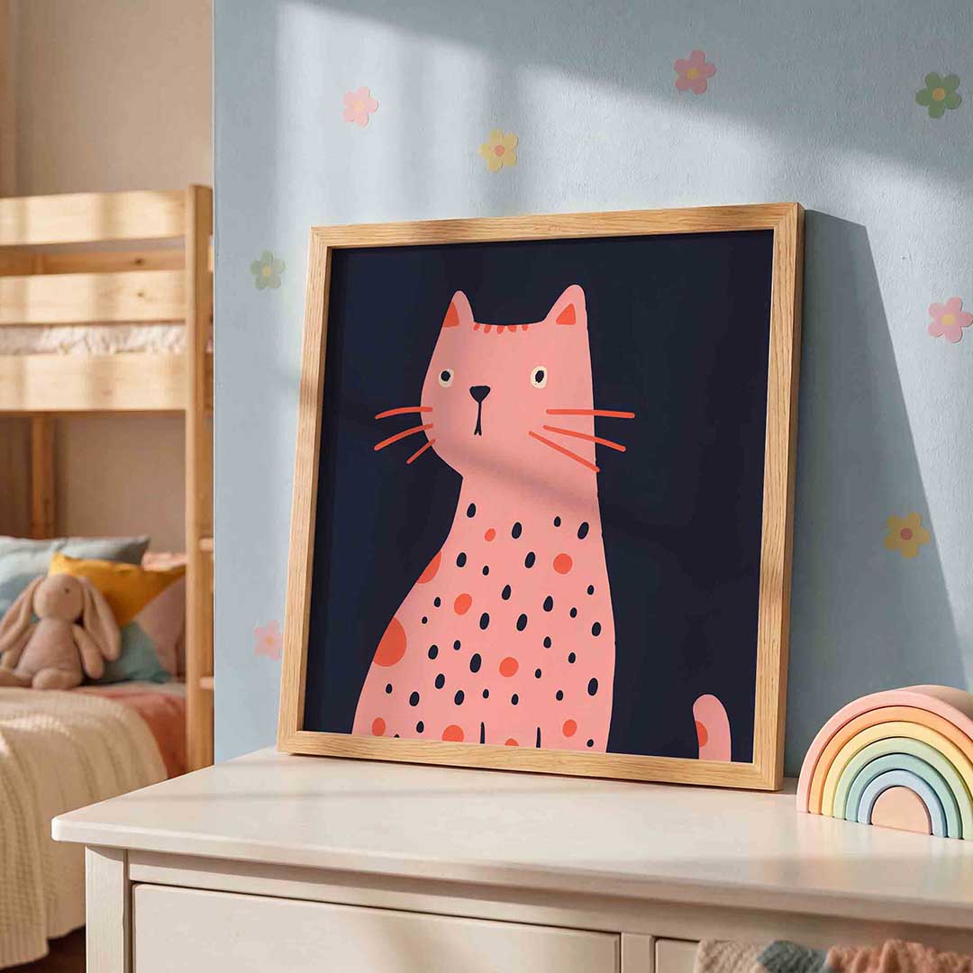 Roze kat – speelse wandkunst als vierkante kinderposter