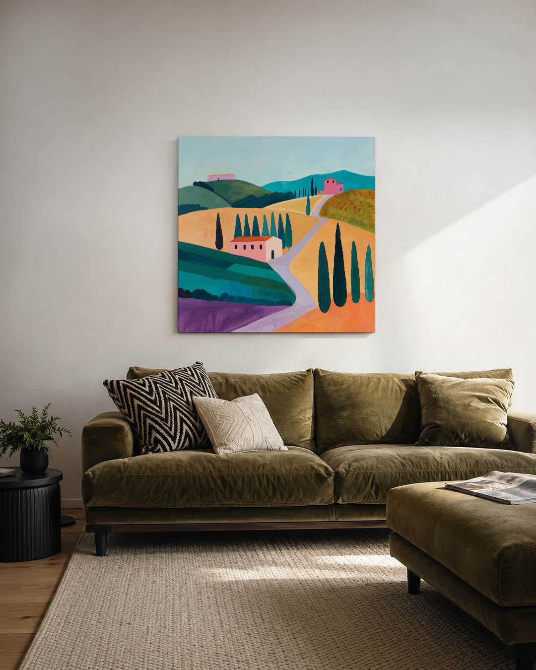 Landschap met heuvels kunstwerk – derde productweergave – dit kunstwerk toont een kleurrijk landschap met glooiende heuvels
