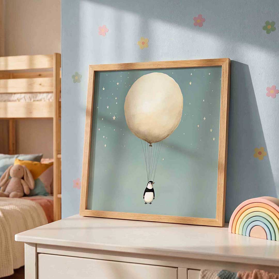 Pinguïn met ballon – speelse wandkunst als vierkante kinderposter