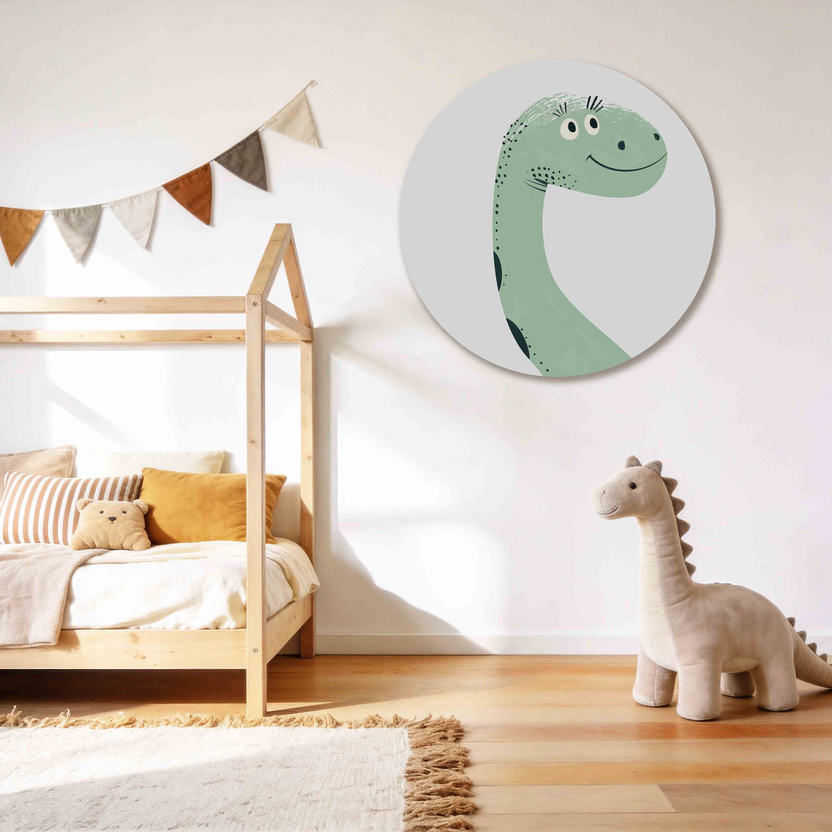 Dinosaurus illustratie Muurcirkel – tweede productweergave – Een groene dinosaurus met een glimlach en zwarte stippen op een
