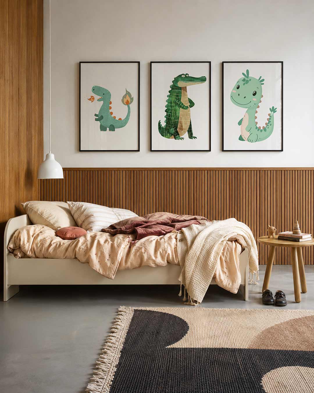 Vrolijke illustratie driedelige posterset – een speelse groene figuur met oranje accenten blaast een