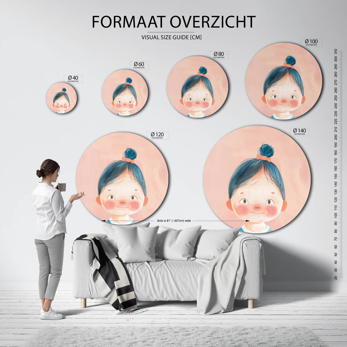 Vrolijk kind Muurcirkel – extra productweergave – Een kind met blauwe haren en een roze achtergrond.
