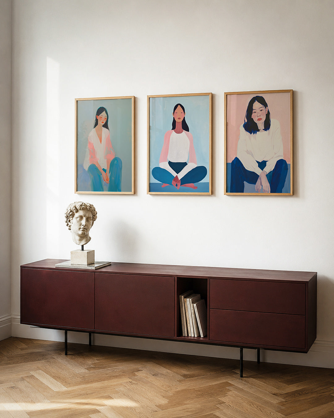 Zachte kleurenharmonie posterset – tweede productweergave – een serene figuur in zachte pasteltinten