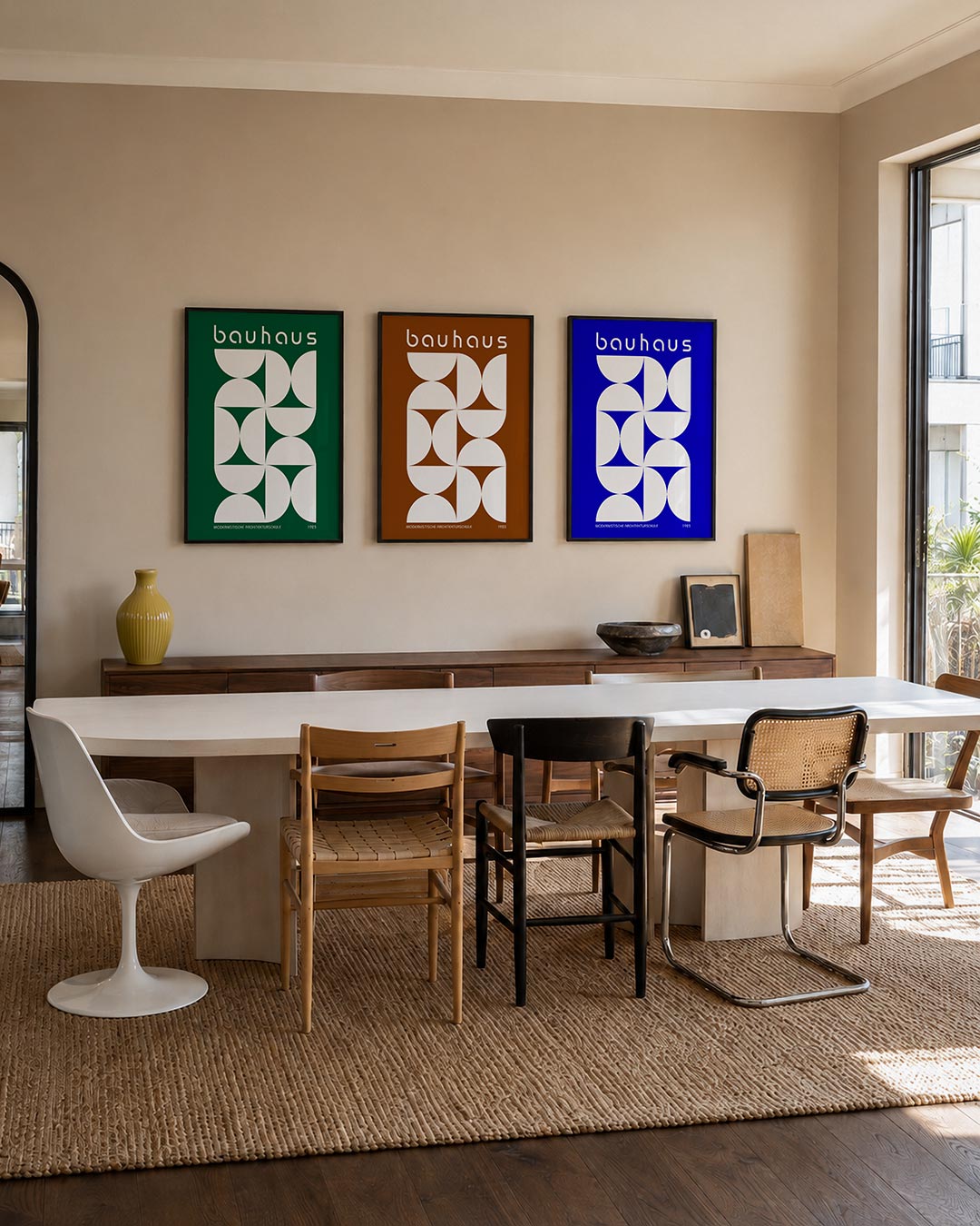Vorm en balans driedelige posterset – deze posterset in drie delen toont een spel van witte geometrische vormen op een groene