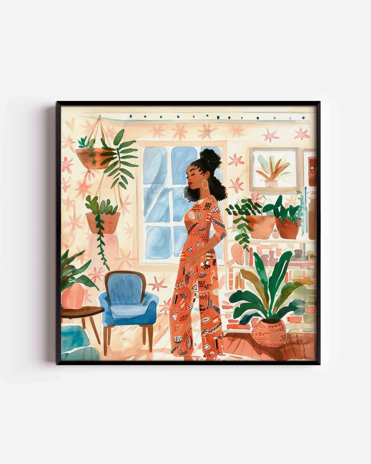 Vrouw in kamer – kleurrijke illustratie poster als wanddecoratie