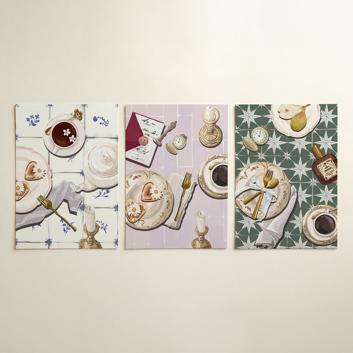 Thee en gebak driedelige posterset in interieur