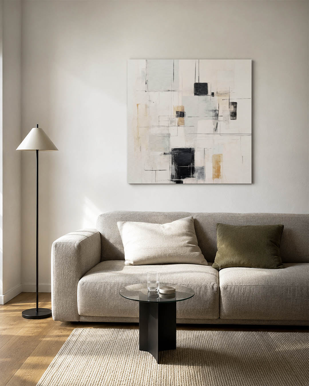 Geometrische lijnen kunstwerk – vierkante wanddecoratie – dit werk toont een spel van rechthoeken en lijnen in zachte tinten.
