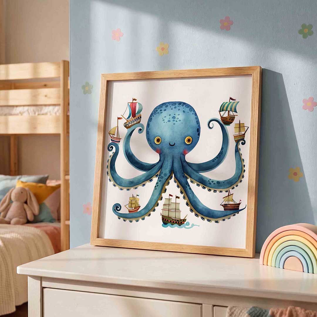 Blauwe octopus met schepen – speelse wandkunst als vierkante kinderposter