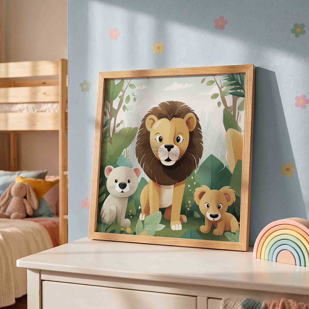 Leeuwenfamilie – speelse wandkunst als vierkante kinderposter