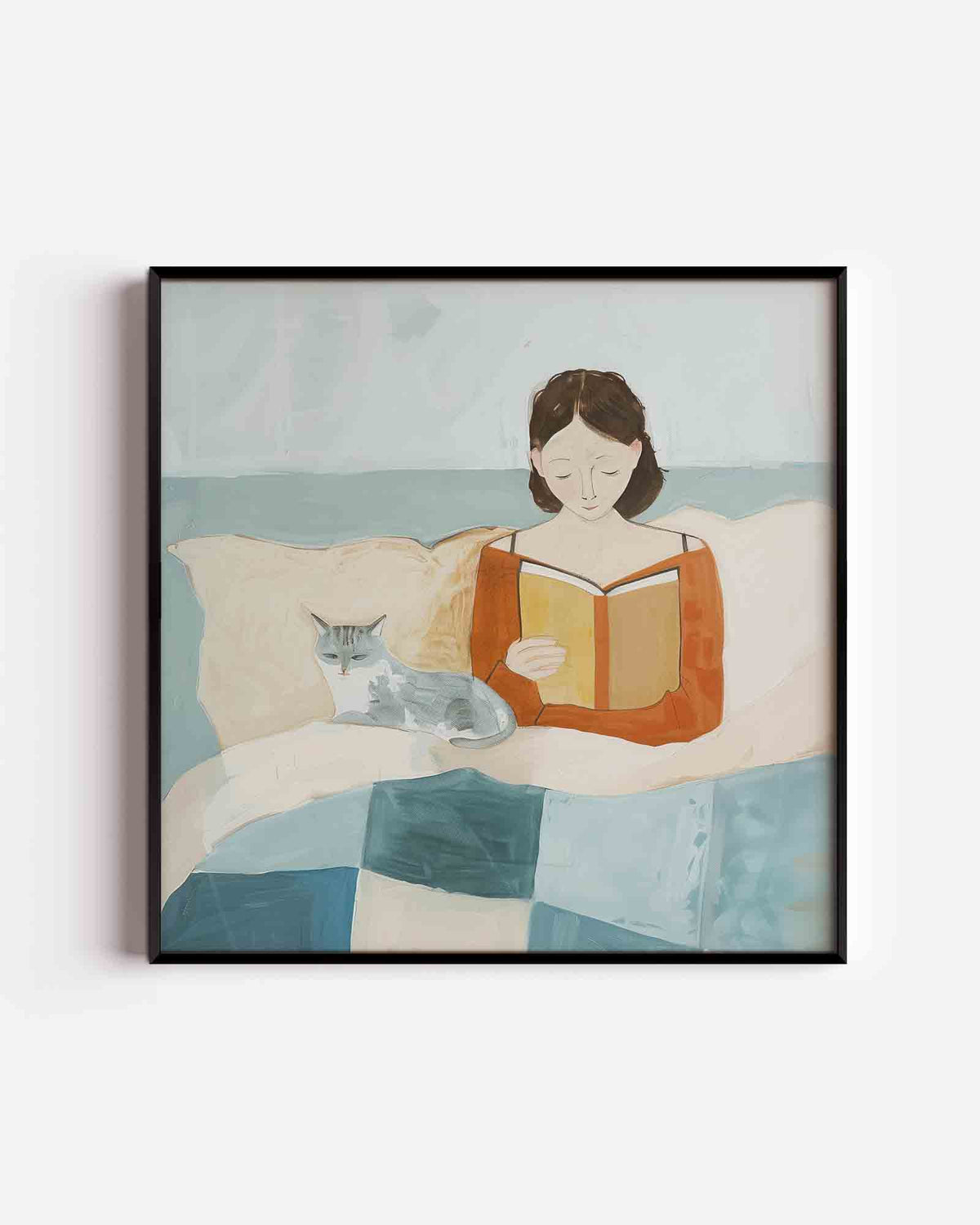 Lezende vrouw met kat – design vierkante poster als wanddecoratie