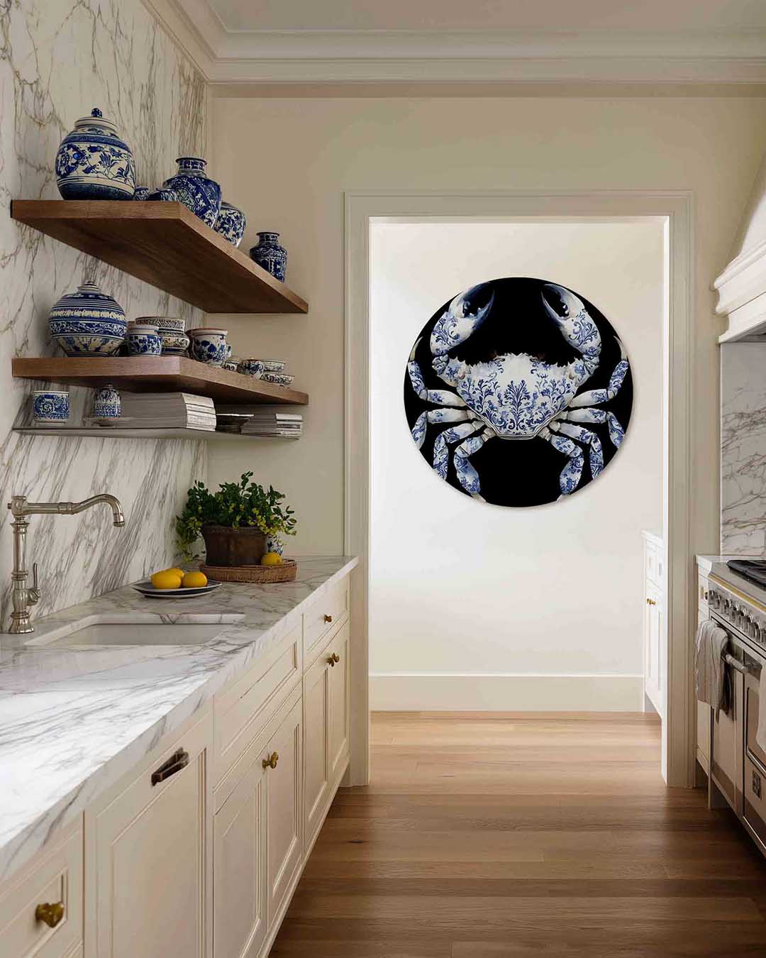 Blauw witte krab – kleurrijke Pop Art muurcirkel voor aan de muur