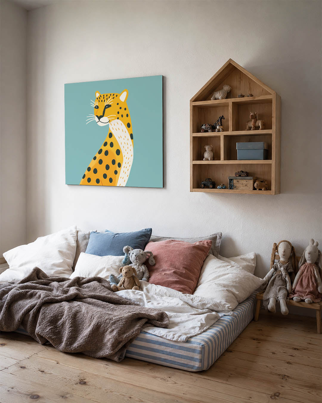 Luipaard illustratie kunstwerk – derde productweergave – dit werk toont een luipaard met opvallende zwarte stippen op een