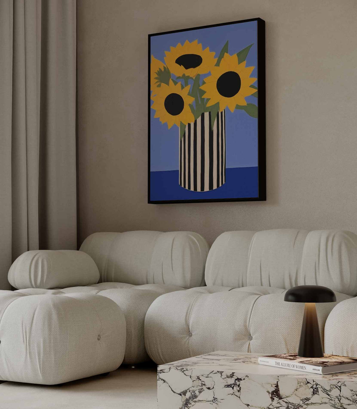 Zonnige Zonnebloemen in Streepjesvaas – staande wandkunst voor woonkamer of interieur