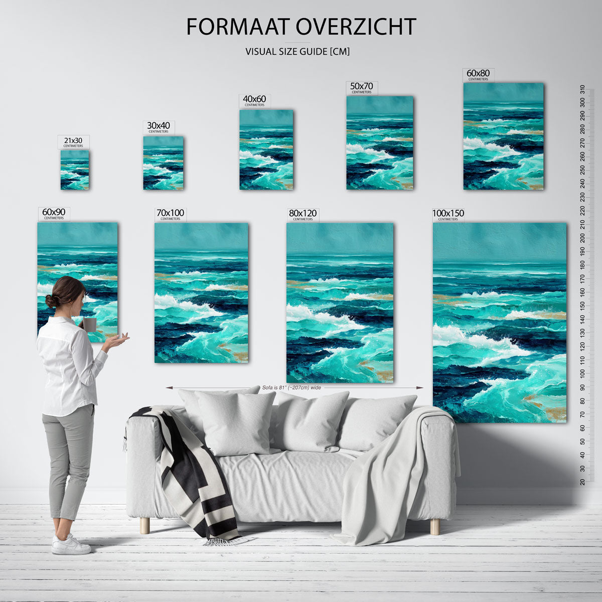 Golven in blauw – staande muurposter met abstracte vormen