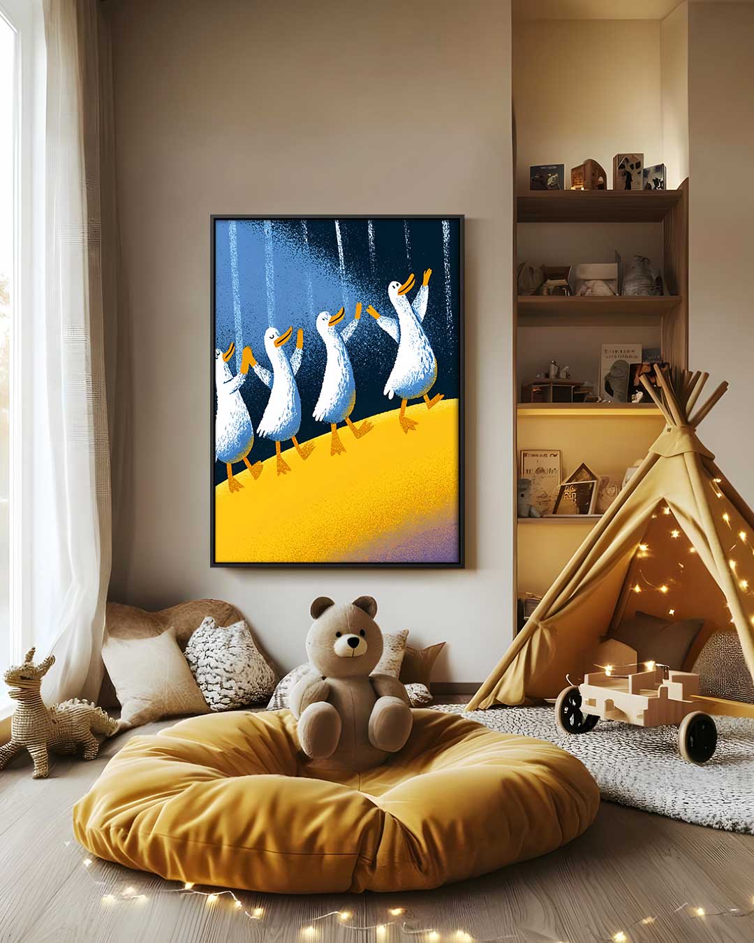 Vrolijke Eendenmars – canvas wanddecoratie in portret formaat