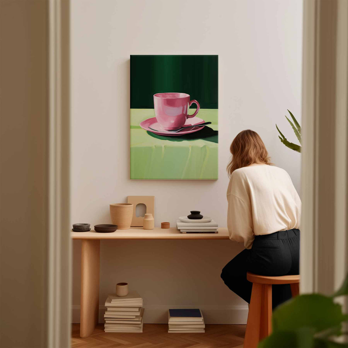 Roze Kopje op Groen Tafellaken – plexiglas kunstwerk als wanddecoratie