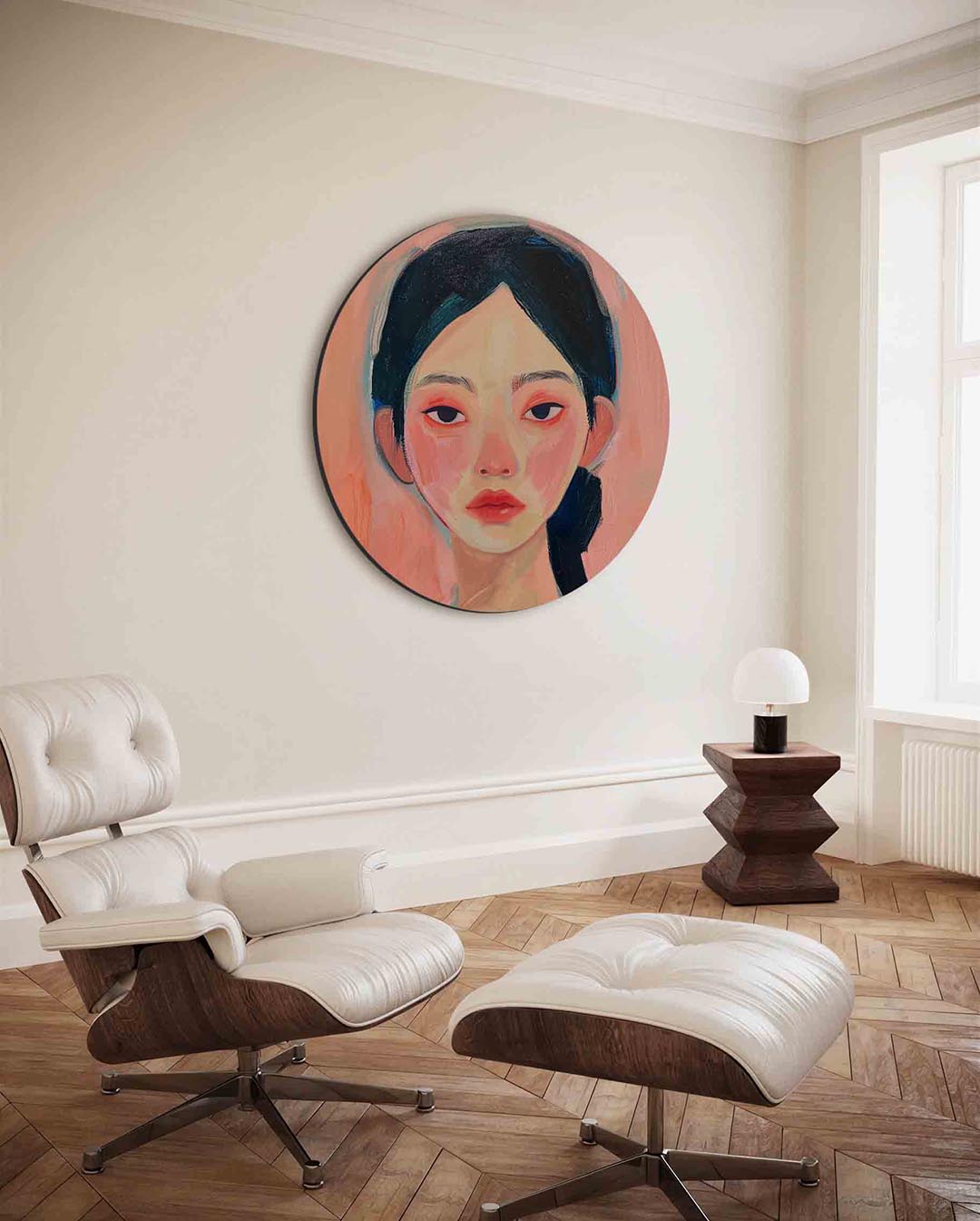 Portret met roze tinten – moderne ronde wanddecoratie van WallArtistic