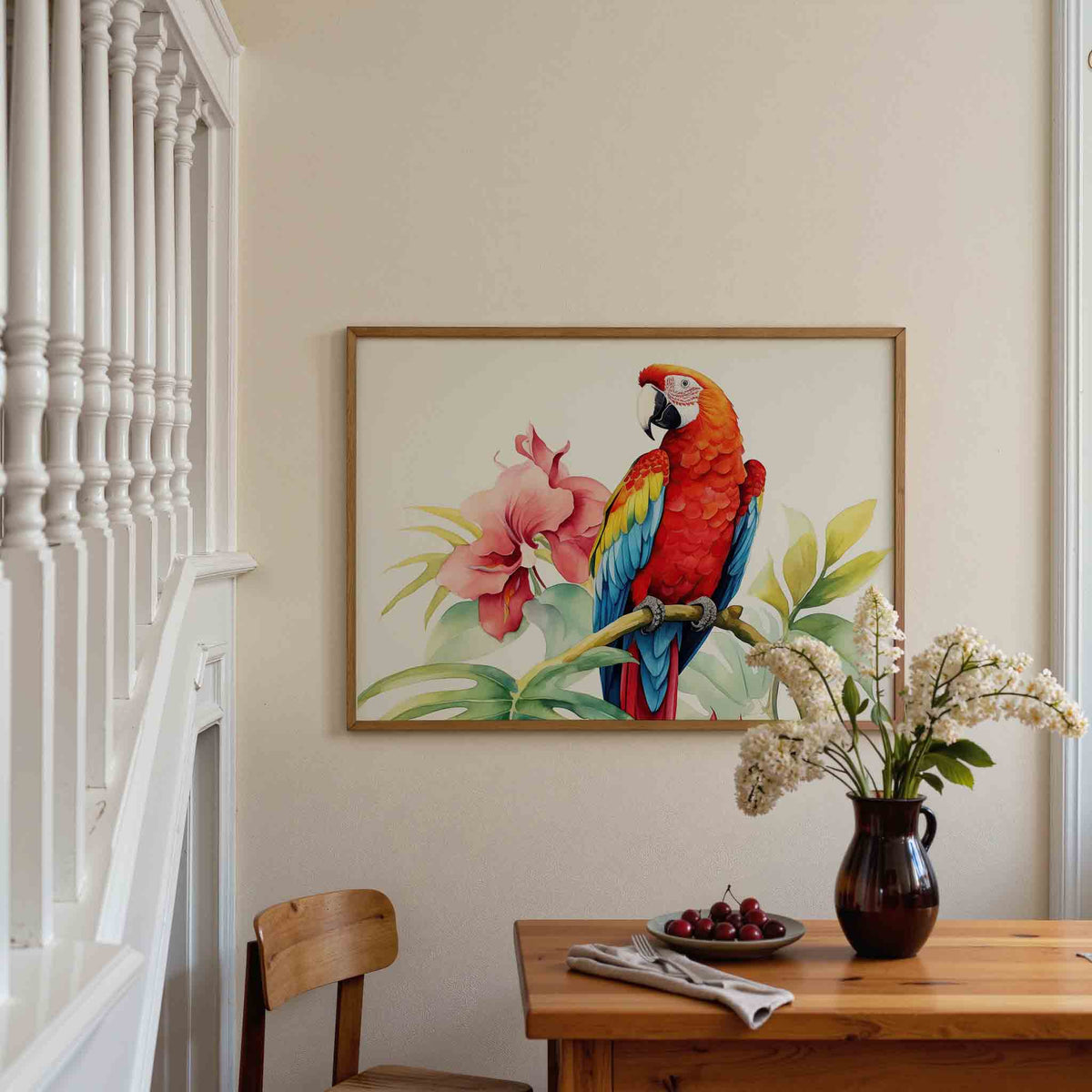 Papegaai en bloemen – tropische poster in liggend formaat