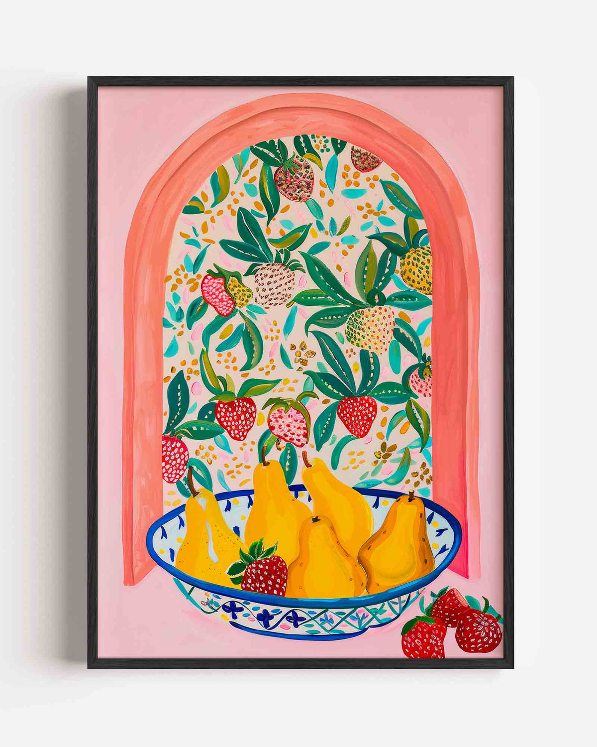 Fruitmand met peren en aardbeien – Kunst & Design poster als staande wanddecoratie