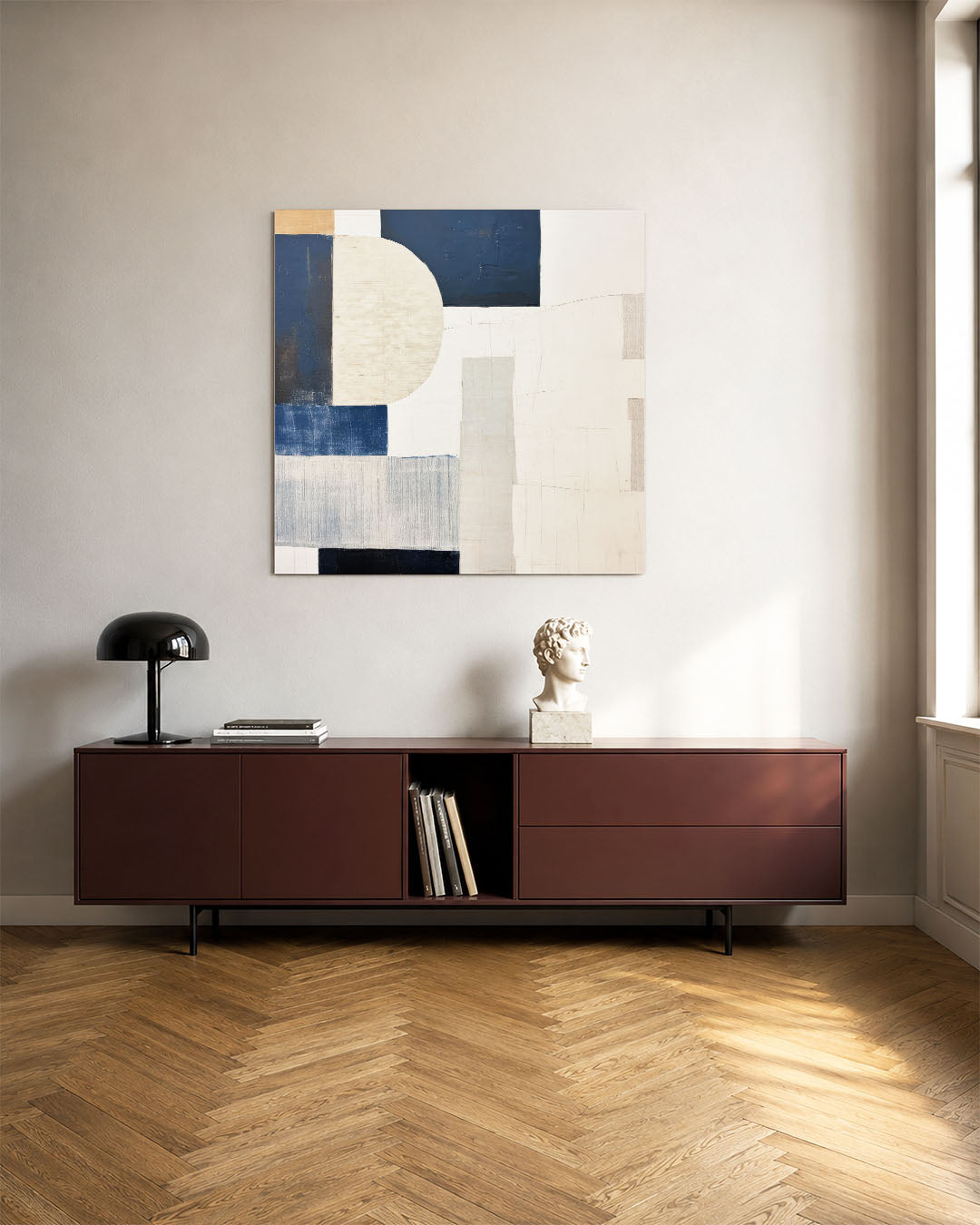 Geometrische vormen compositie kunstwerk – tweede productweergave – dit werk toont een harmonieuze compositie van rechthoeken