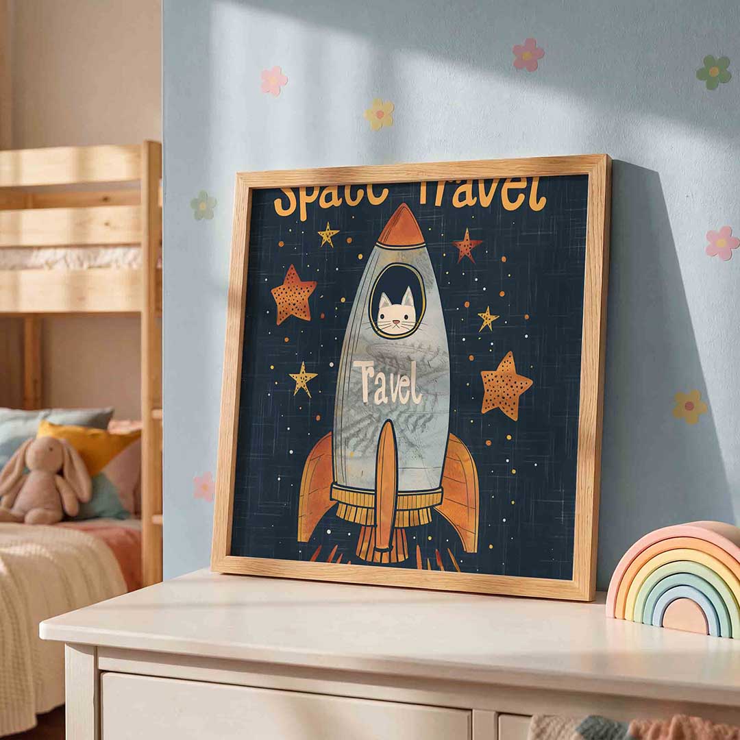 Ruimtevaart kat – speelse wandkunst als vierkante kinderposter