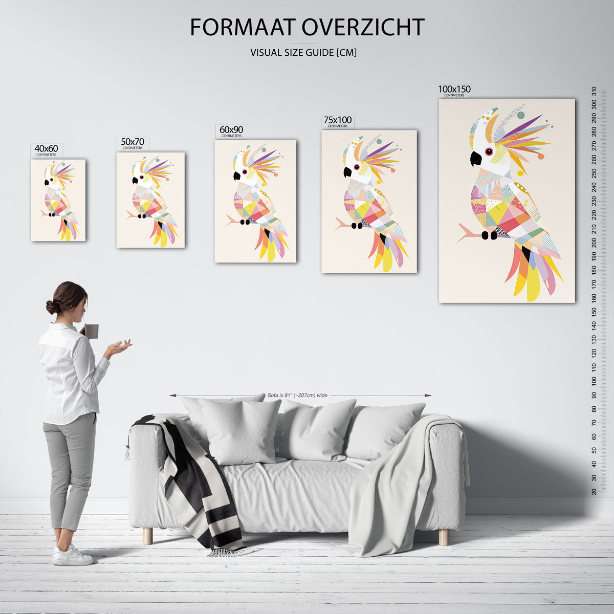 Vrolijke geometrische vogel – staand wanddecoratie kunstwerk