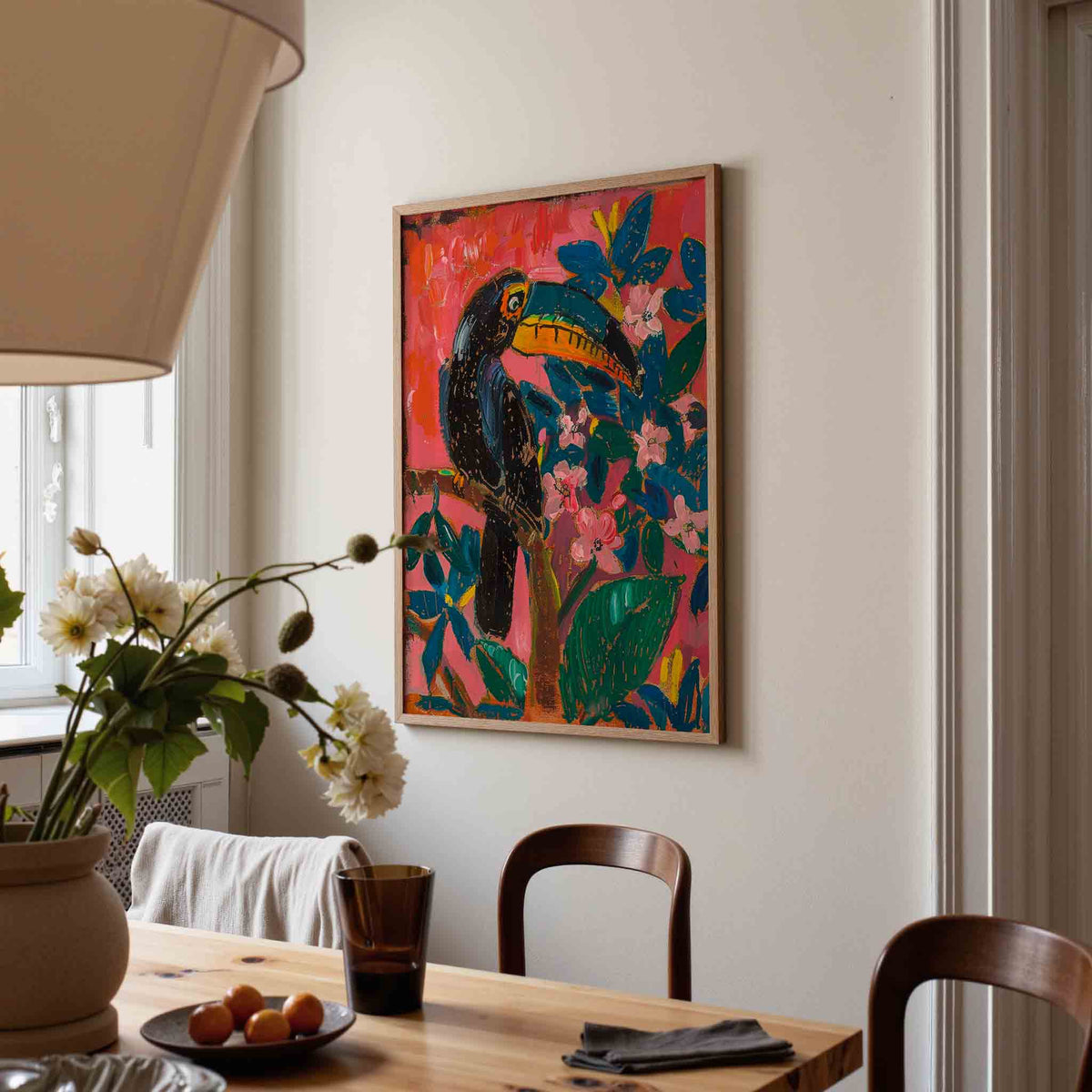 Toekan en bloemen – kunst en design poster in portret formaat