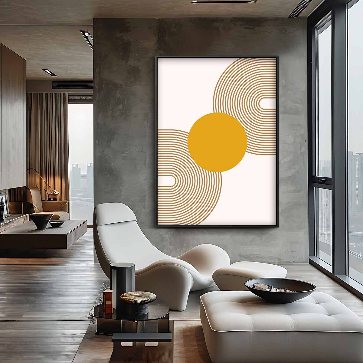 Retro Cirkelpatroon – kunstwerk met zwarte baklijst