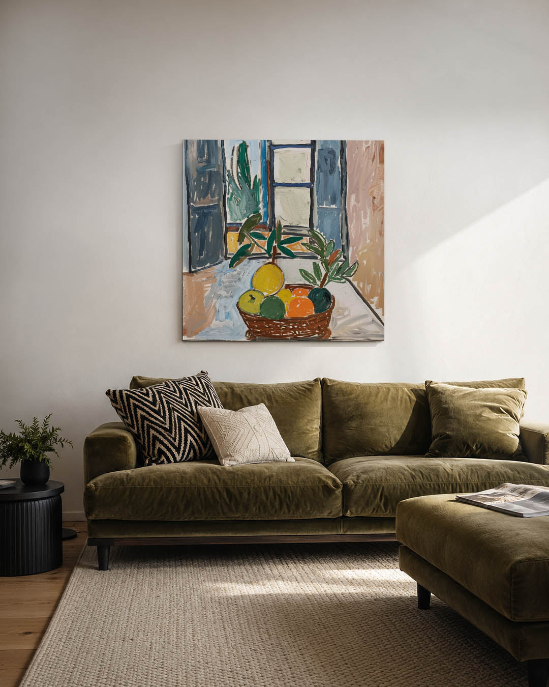 Fruitmand bij raam kunstwerk – derde productweergave – dit werk toont een fruitmand met levendige kleuren voor een open raam.