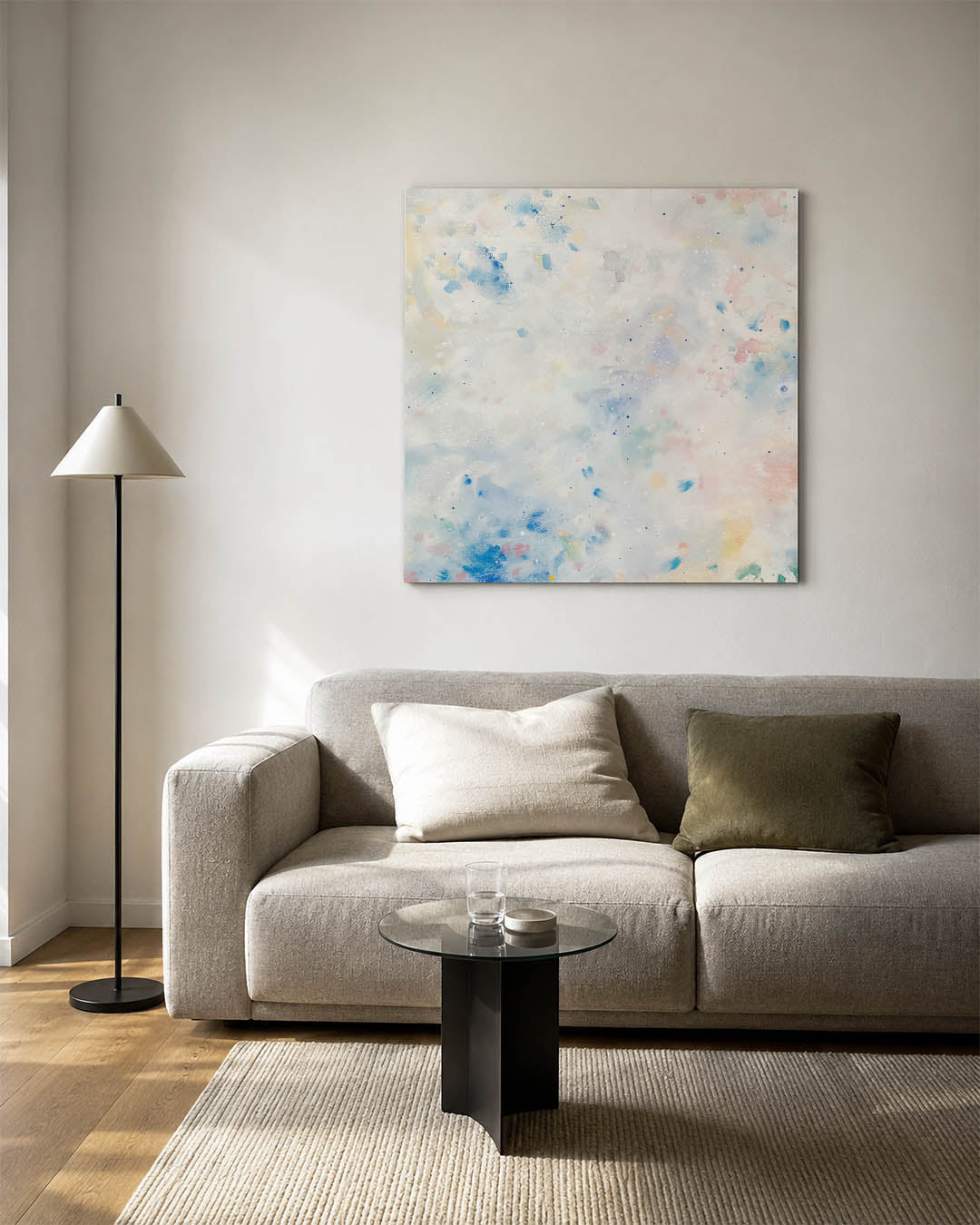 Vlekkenspel in pastel kunstwerk – vierkante wanddecoratie – dit werk toont een speelse compositie van zachte kleuren en