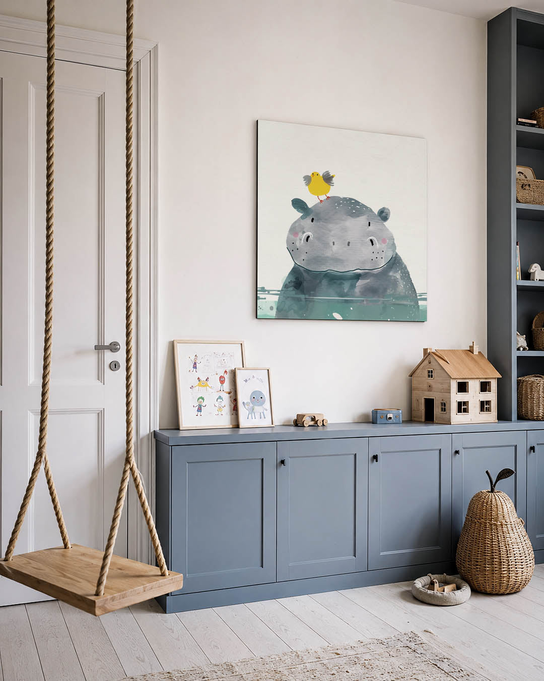 Dierenvrienden illustratie kunstwerk – vierkante wanddecoratie – een speelse illustratie van een nijlpaard met een vrolijk