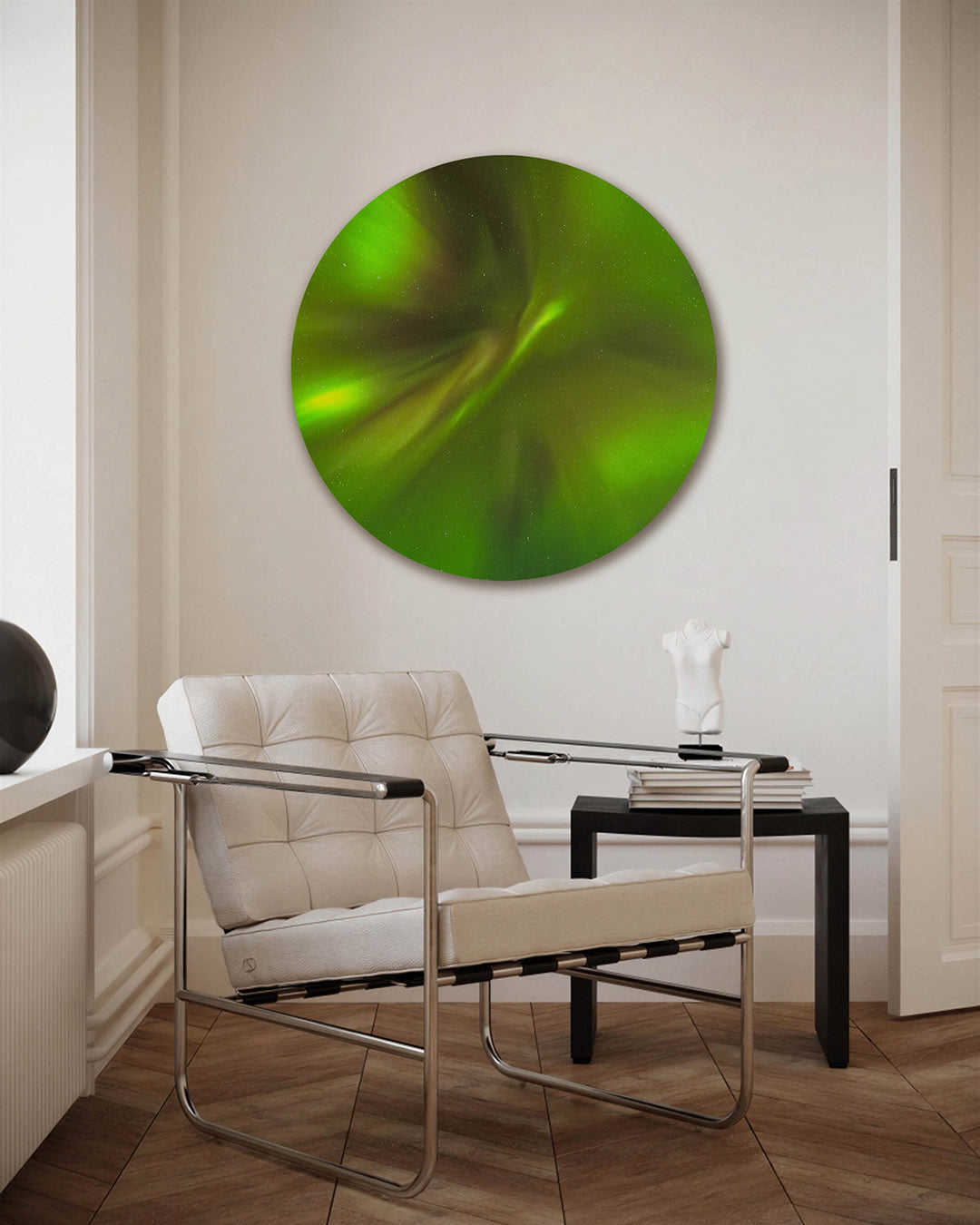 Groene lichtstralen – fotografie muurcirkel als ronde wanddecoratie