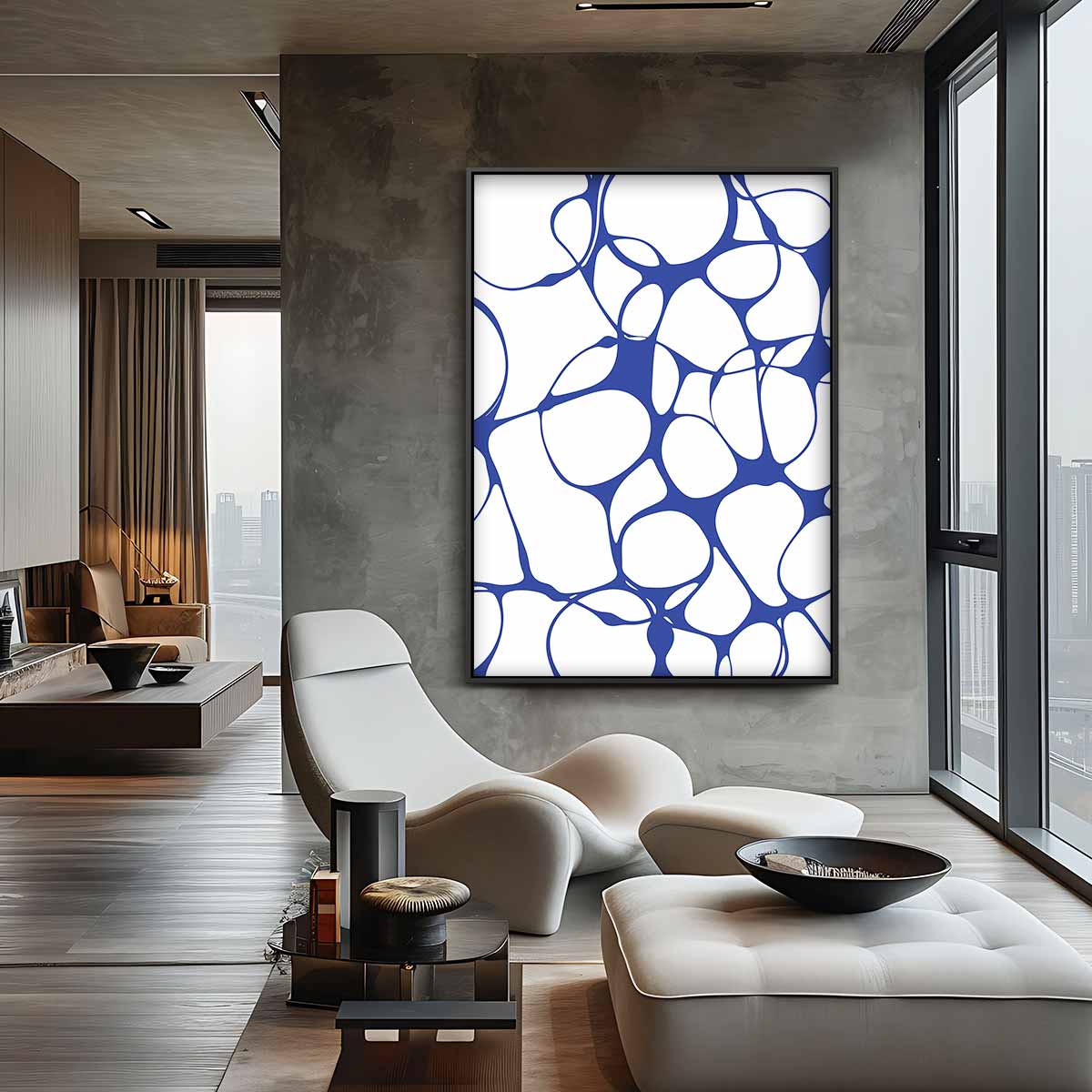 Organische Blauw-Witte Patronen – canvas wanddecoratie in portret formaat