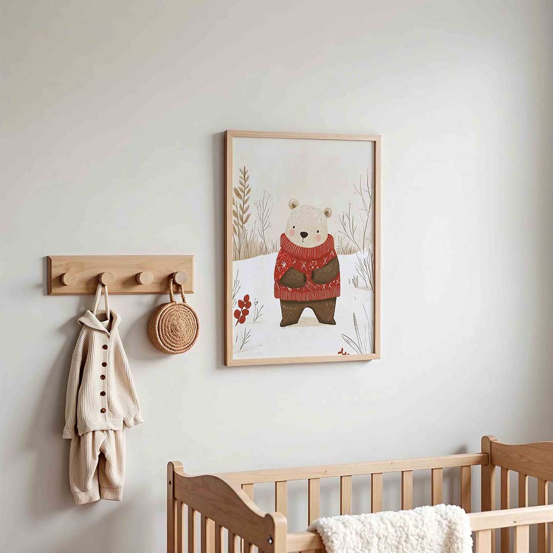 Beer met rode trui – kinderposter in staand formaat