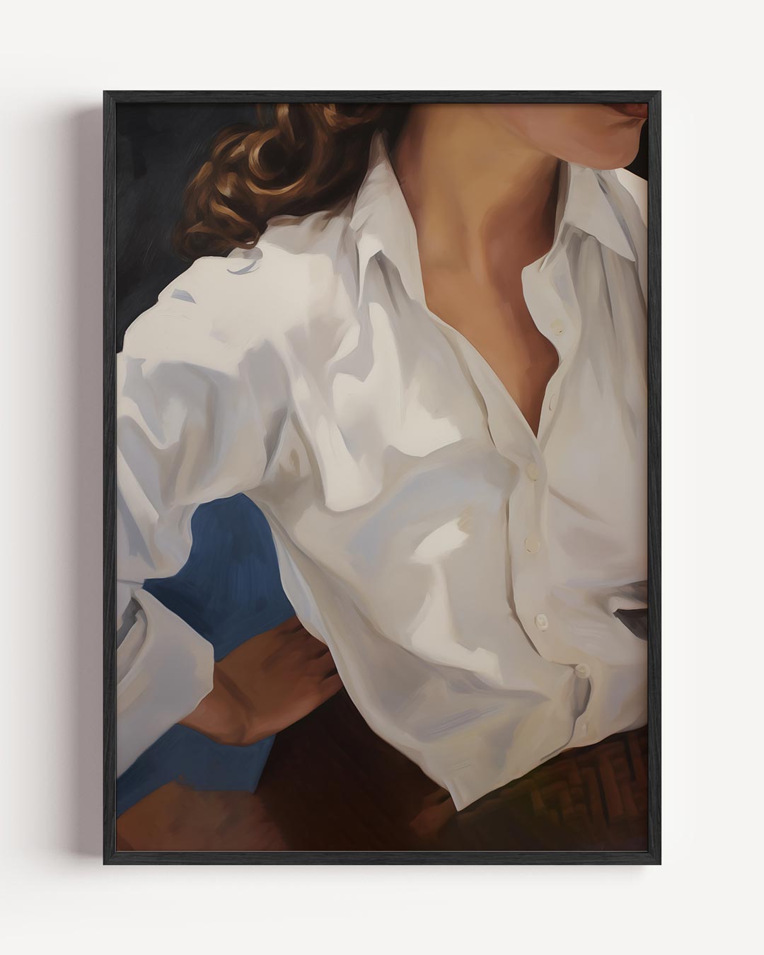 Elegante Vrouw in Witte Blouse – vrouwelijk portret poster als wanddecoratie