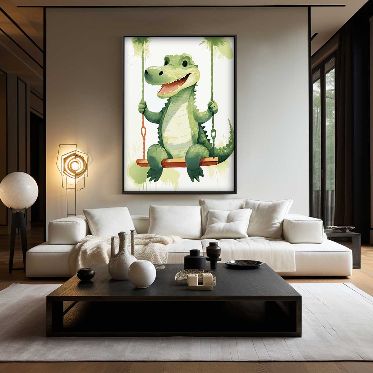 Vrolijke Krokodil op de Schommel – canvas wanddecoratie in portret formaat