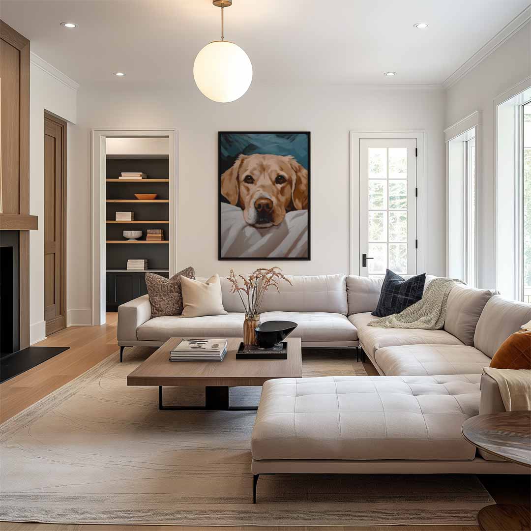 Dromerige Labradoodle – dibond wanddecoratie in staand formaat