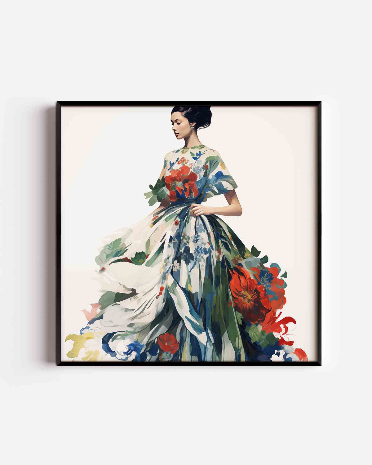Vrouw met bloemenjurk – kleurrijke illustratie poster als wanddecoratie