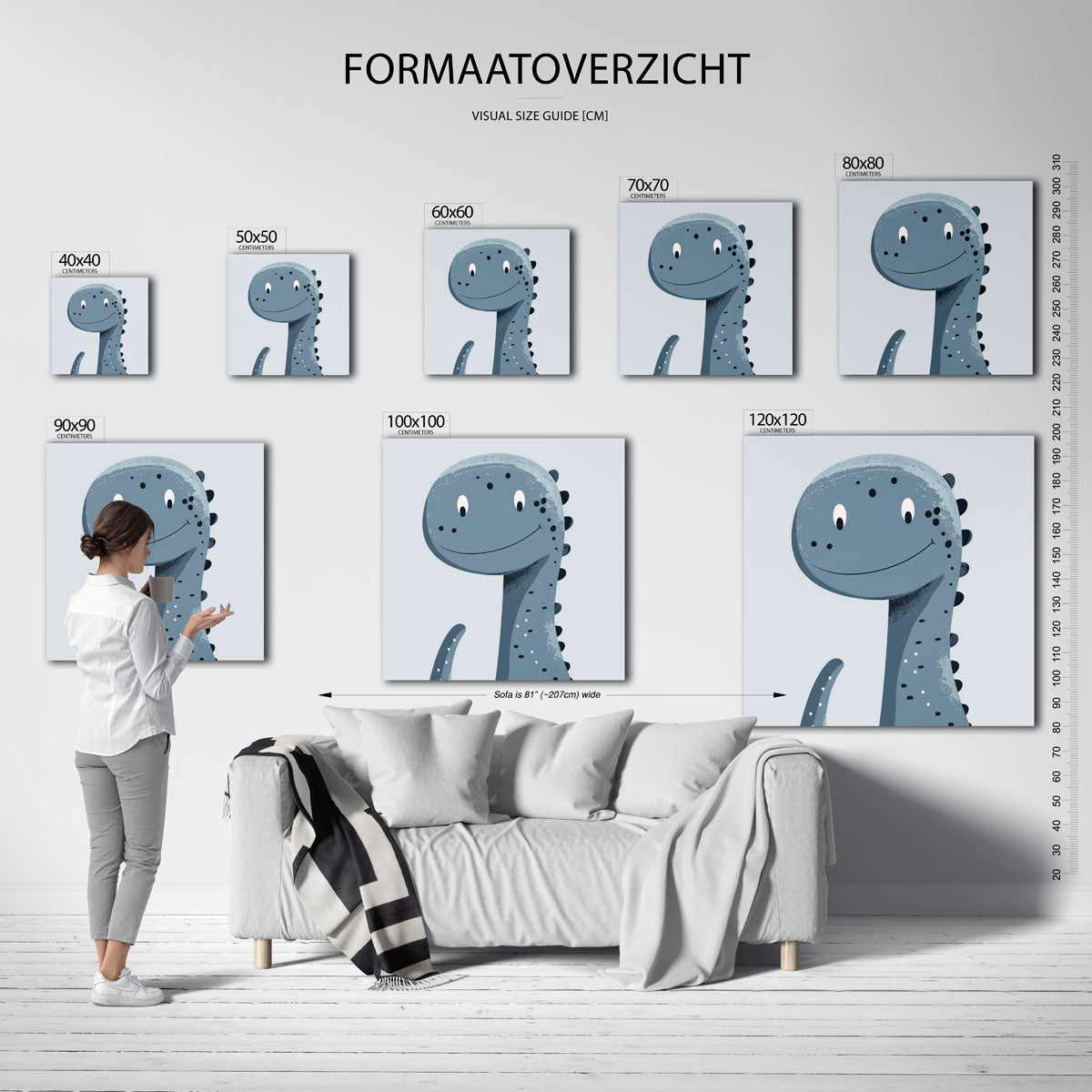 Blauwe dinosaurus – vierkante muurposter voor de kinderkamer