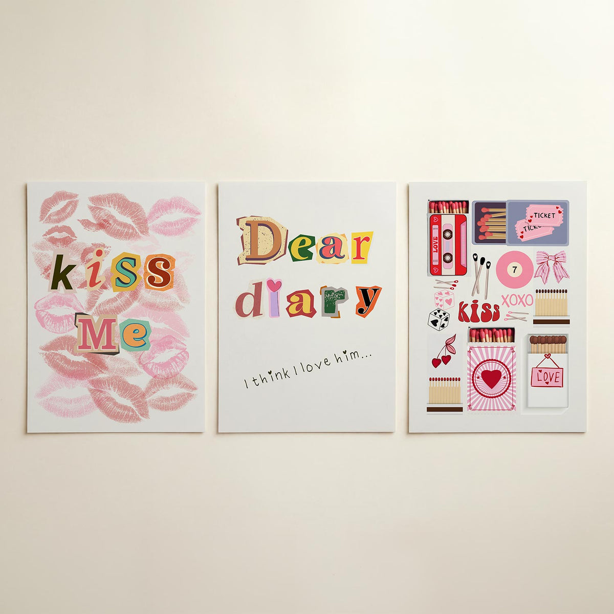 Lippen en letters driedelige posterset in interieur