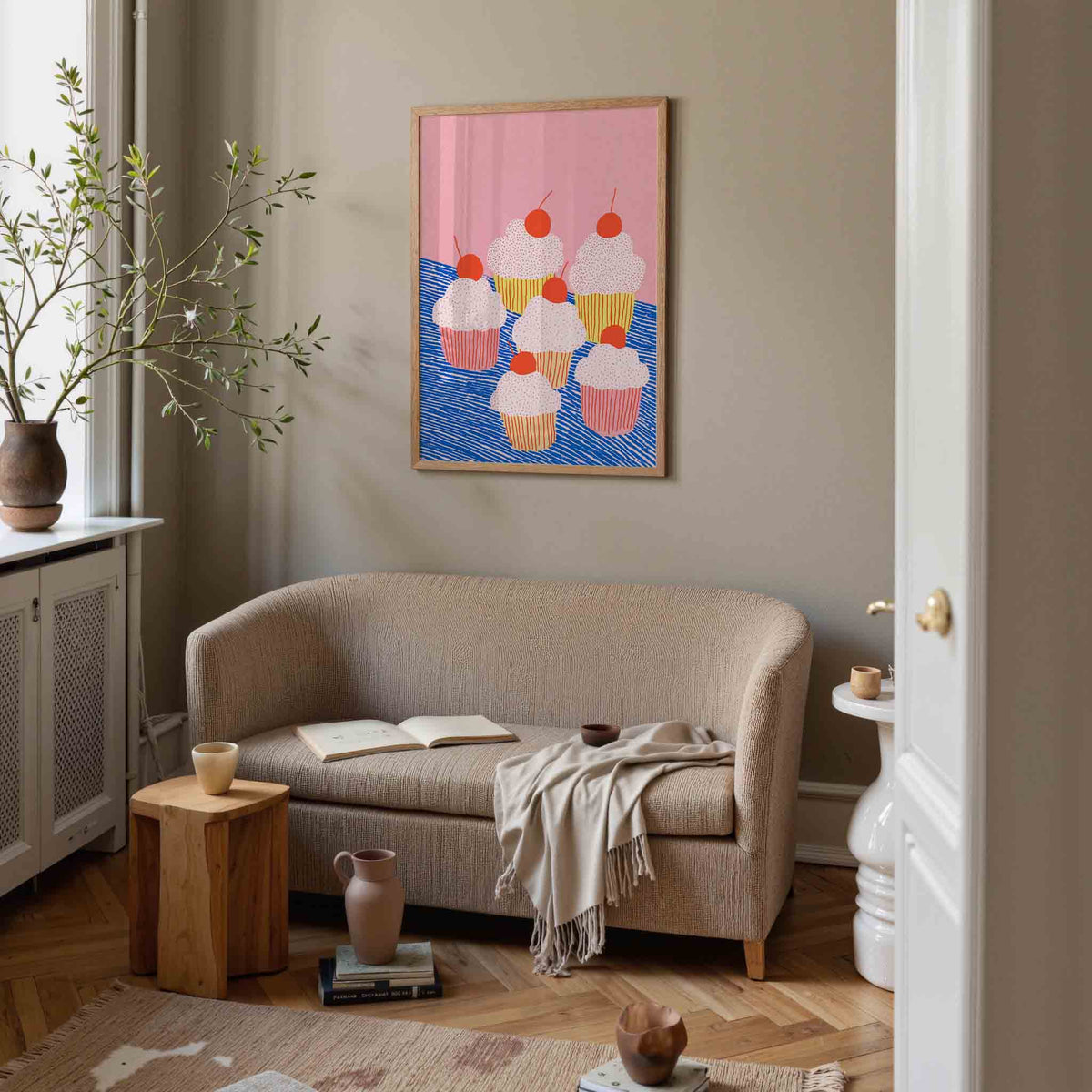 Cupcake met kersen – botanische poster in staand formaat