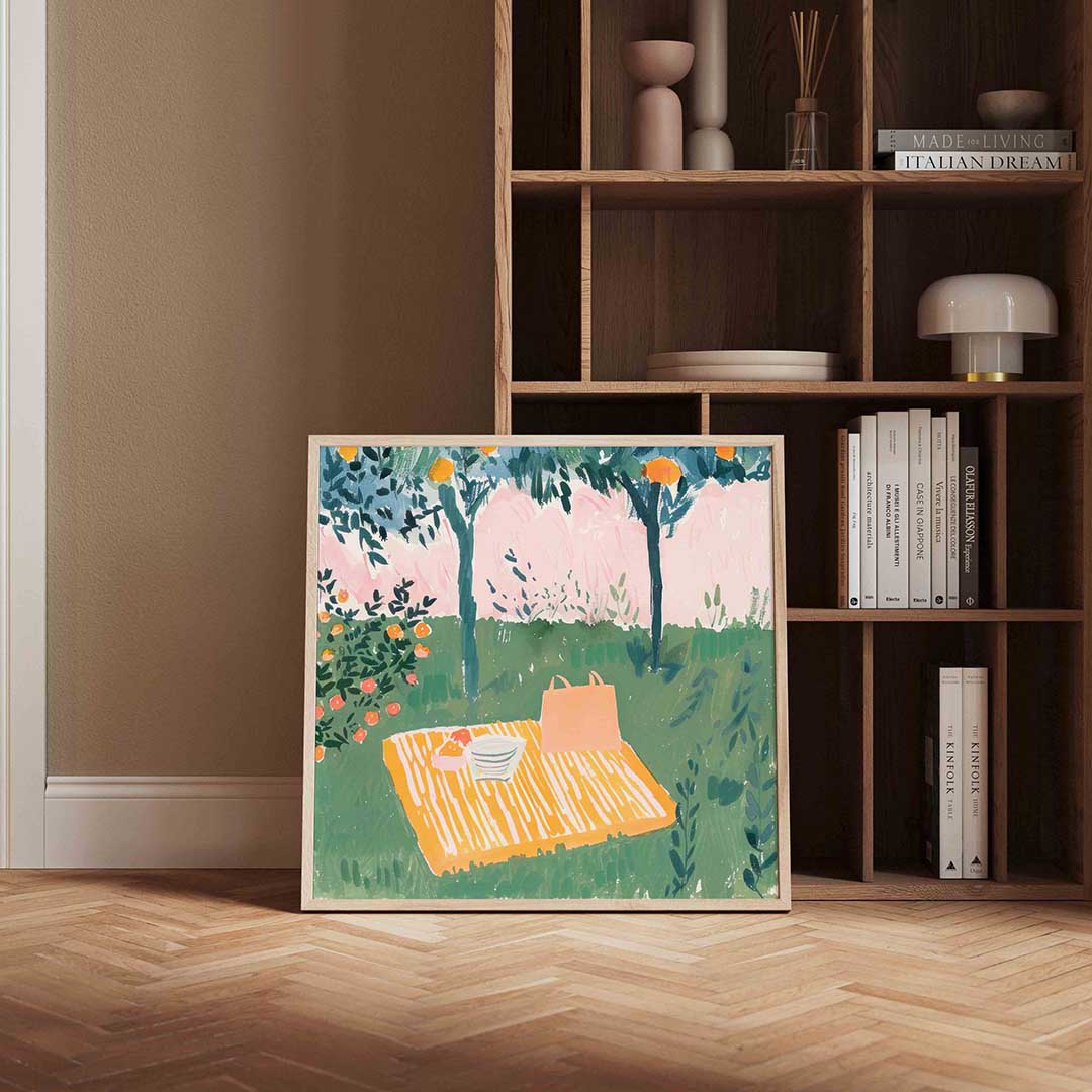 Picknick onder sinaasappelbomen – kleurrijke vierkante wanddecoratie van WallArtistic