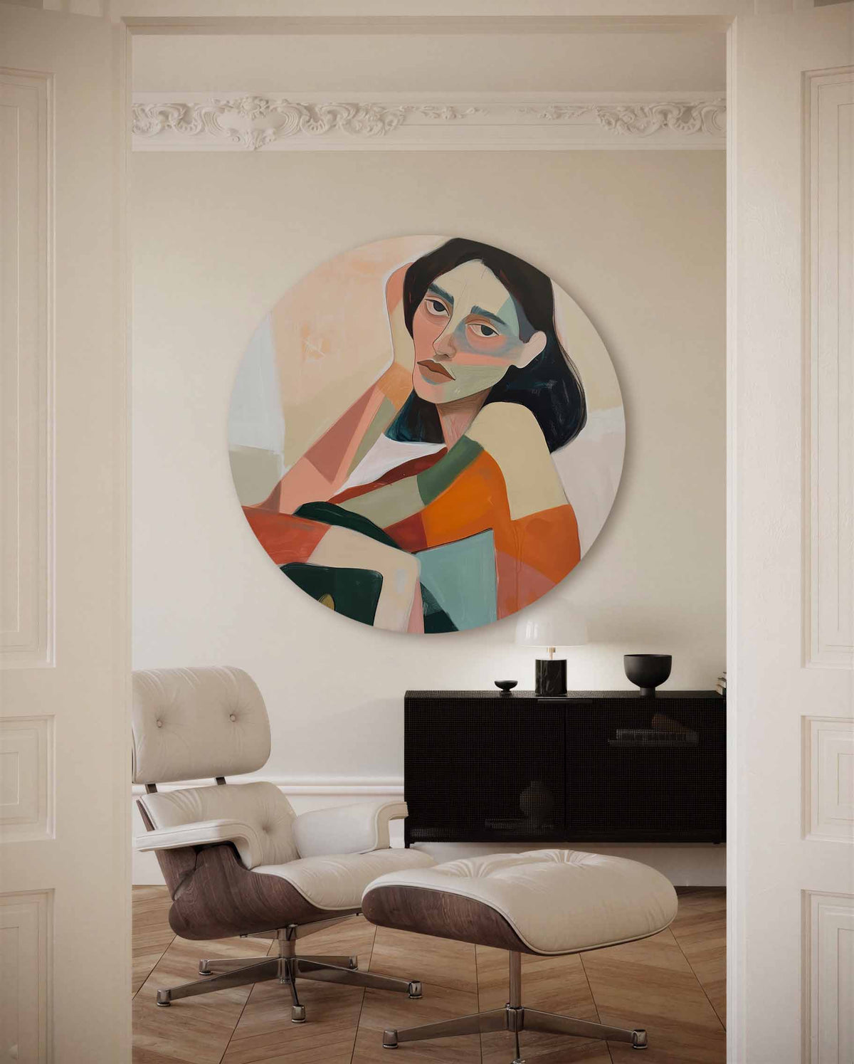 Vrouwelijk portret – muurcirkel met kleur en vormen voor aan de muur